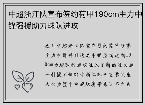 中超浙江队宣布签约荷甲190cm主力中锋强援助力球队进攻